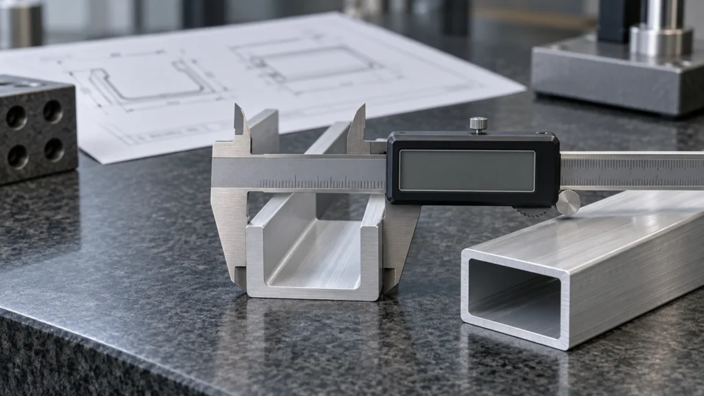 Illustration of a caliper checking an aluminium channel for extrusion tolerances in the UAE