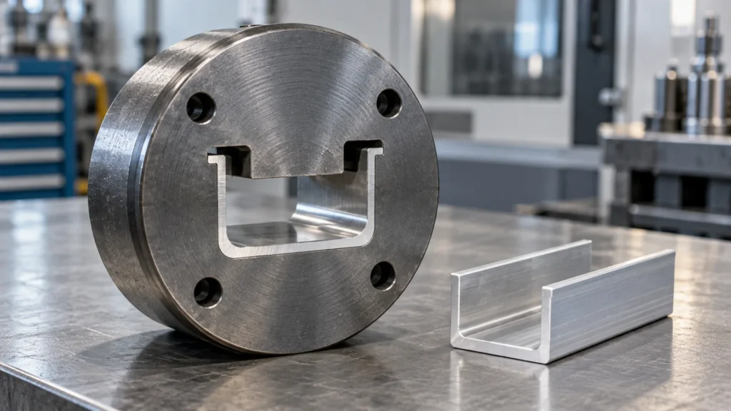 Illustration of an extrusion die and aluminium channel for bearing design in UAE production