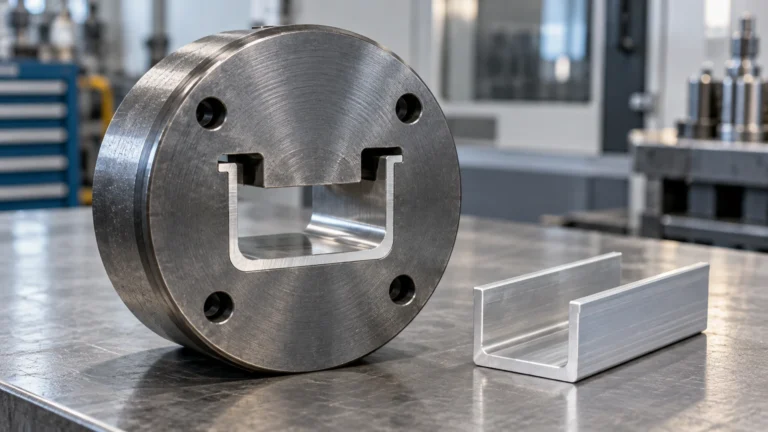 Illustration of an extrusion die and aluminium channel for bearing design in UAE production