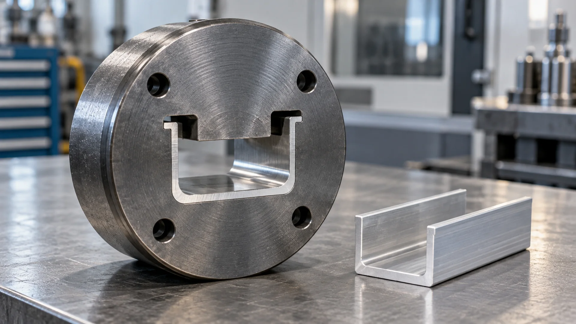 Illustration of an extrusion die and aluminium channel for bearing design in UAE production